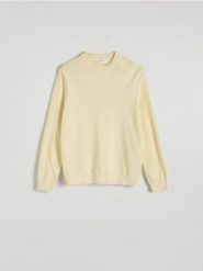 Strukturalny sweter - jasnożółty. Żółte swetry męskie Reserved, l, bez wzorów, z bawełny, bez kołnierzyka. W wyprzedaży za 39.99 zł.