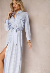 Niebieska Sukienka w Paski w Koszulowym Stylu z Paskiem i Długim Rękawem Desperse. Niebieskie sukienki damskie Renee, l, bez wzorów, eleganckie, bez kołnierzyka, bez ramiączek, koszulowe. W wyprzedaży za 104.99 zł.