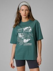 4F T-shirt loose z nadrukiem damski - turkusowy S. Niebieskie t-shirty damskie 4f, s, bez wzorów, z dzianiny, bez kołnierzyka. Za 79.99 zł.