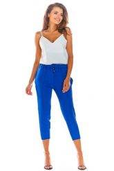 Niebieskie Stylowe Spodnie z Troczkami. Niebieskie spodnie materiałowe damskie Awama, bez wzorów, z elastanu, eleganckie, z podwyższonym stanem. Za 212.90 zł.