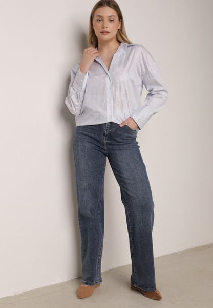 Niebieskie Jeansy z Wysokim Stanem i Szerokimi Nogawkami Henivia. Niebieskie jeansy damskie Born2be, z podwyższonym stanem. Za 129.99 zł.