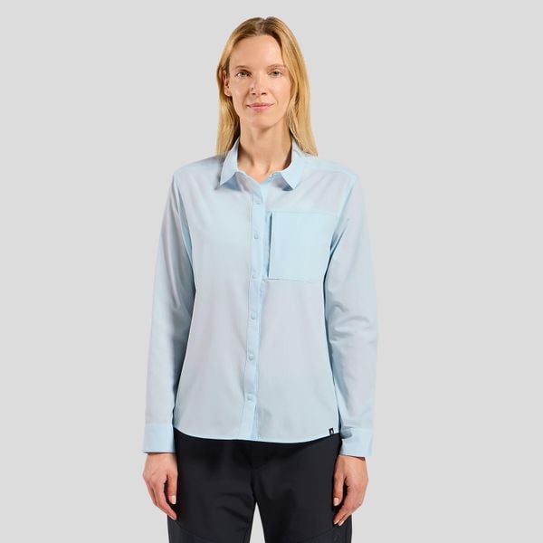 Koszula z długim rękawem damska ODLO Shirt l/s ESSENTIAL. Niebieskie koszule damskie Odlo, na lato, l, bez wzorów, z materiału, klasyczne, bez kołnierzyka, bez ramiączek. Za 409.99 zł.