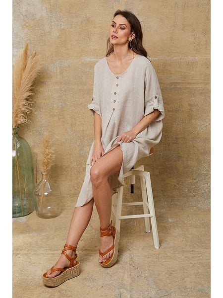 Fleur de Lin Lniana sukienka "Cadence" w kolorze beżowym rozmiar: XL. Brązowe sukienki damskie Fleur de Lin, xl, bez wzorów, ze lnu, bez kołnierzyka, bez ramiączek, midi. Za 215.71 zł.