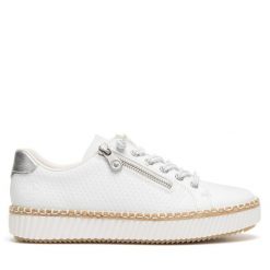 Półbuty Rieker. Białe półbuty damskie Rieker, bez wzorów, bez obcasa, na płaskiej podeszwie. Za 289.99 zł.