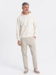 Męska bluza dresowa kangurka z kapturem - kremowa V11 OM-SSBN-0177 - XXL. Białe bluzy z kapturem męskie Ombre Clothing, l, z bawełny. Za 77.99 zł.