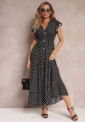 Czarna Rozkloszowana Sukienka Maxi w Kropki z Gumką w Talii Janey. Czarne sukienki damskie Renee, na co dzień, l, bez wzorów, bez kołnierzyka, bez ramiączek, maxi, rozkloszowane. Za 79.99 zł.