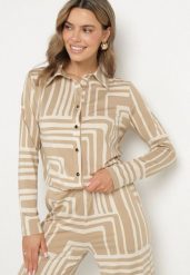 Beżowa Koszula z Wiskozą Ozdobiona Geometrycznym Wzorem Solselia. Brązowe koszule damskie Born2be, l, bez wzorów, z wiskozy, eleganckie, bez kołnierzyka, bez ramiączek. Za 99.99 zł.