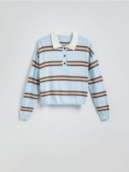 Sweter polo w paski - jasnoniebieski. Niebieskie swetry klasyczne damskie Reserved, l, z dzianiny, bez kołnierzyka. W wyprzedaży za 49.99 zł.