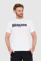 BLAUER Biały męski t-shirt z dużym logo. Białe t-shirty męskie Blauer USA, l, bez wzorów, bez kołnierzyka. W wyprzedaży za 129.99 zł.