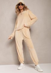 Beżowy Welurowy Komplet Dresowy z Bluzą i Spodniami Joggerami Mafira. Brązowe bluzy bez kaptura damskie Renee, l, z dresówki. Za 79.99 zł.