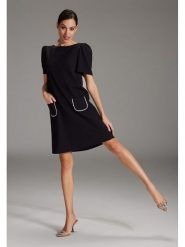 SWING Sukienka w kolorze czarnym rozmiar: 34. Czarne sukienki damskie Swing, na co dzień, z aplikacjami, bez kołnierzyka, bez ramiączek, midi, proste. Za 218.05 zł.