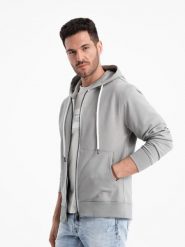Męska bluza dresowa BASIC rozpinana z kapturem - szara V8 OM-SSBZ-0178 - XL. Szare bluzy z kapturem męskie Ombre Clothing, m, z bawełny. W wyprzedaży za 69.99 zł.