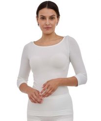 Koszulka damska rękaw 3/4 z wełną Brubeck COMFORT MERINO. Białe t-shirty damskie Brubeck, xl, bez wzorów, z materiału, bez kołnierzyka. Za 219.99 zł.