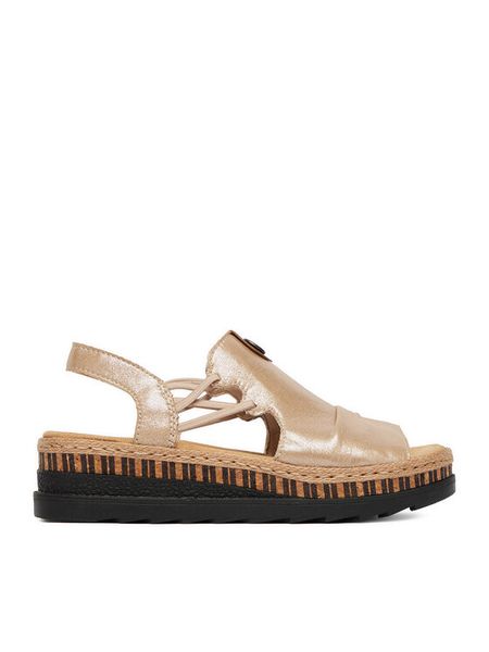 Rieker Sandały CEO-V7972-60 Złoty. Żółte sandały damskie Rieker, bez wzorów, ze skóry, bez obcasa, na płaskiej podeszwie. Za 319.99 zł.