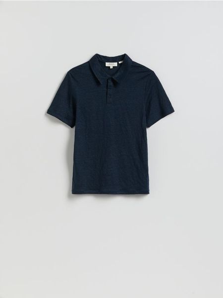 Lniana koszulka polo - granatowy. Niebieskie koszulki polo męskie Reserved, l, bez wzorów, bez ramiączek. Za 169.99 zł.