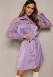 Fioletowa Mini Sukienka o Koszulowym Fasonie z Materiałowym Paskiem i Siateczką Idanes. Fioletowe sukienki damskie Renee, na jesień, bez wzorów, z materiału, eleganckie, bez kołnierzyka, bez ramiączek, mini, koszulowe. W wyprzedaży za 90.99 zł.