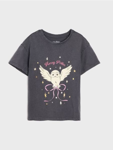 Bawełniana koszulka z nadrukiem Harry Potter - szary. Szare koszulki dziewczęce Sinsay, l, bez wzorów, z bawełny, bez ramiączek. Za 15.99 zł.