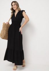 Czarna Bawełniana Sukienka Maxi z Kopertową Górą Rozkloszowana Xaliara. Czarne sukienki damskie Born2be, na lato, l, bez wzorów, z bawełny, bez kołnierzyka, bez ramiączek, maxi, kopertowe. W wyprzedaży za 55.99 zł.