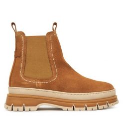 Sztyblety Tamaris. Brązowe botki damskie Tamaris, bez obcasa, na płaskiej podeszwie, bez zapięcia. Za 359.99 zł.