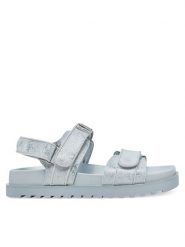 Guess Sandały FLJFDS LEL03 Niebieski. Niebieskie sandały damskie Guess, z aplikacjami, ze skóry, bez obcasa, na płaskiej podeszwie. Za 499.99 zł.