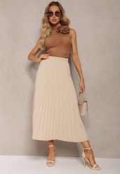 Beżowa Rozkloszowana Spódnica High Waist z Ozdobnymi Plisami i Gumką w Pasie Veratia. Brązowe spódniczki damskie Renee, l, bez wzorów, z tkaniny, eleganckie, z podwyższonym stanem, maxi, proste. Za 99.99 zł.