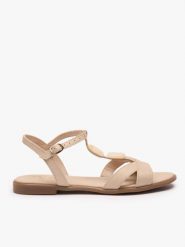 Kremowe płaskie sandały z ozdobą. Brązowe sandały damskie Ryłko, z aplikacjami, ze skóry, bez obcasa, na płaskiej podeszwie. Za 379.99 zł.