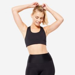 Stanik sportowy Decathlon. Czarne biustonosze sportowe damskie Decathlon, bez wzorów, z elastanu. W wyprzedaży za 29.99 zł.