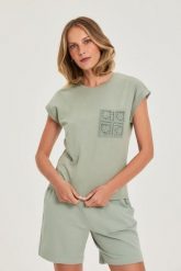 T-shirt z bawełny oliwkowy. Zielone t-shirty damskie MOODO, l, bez wzorów, z bawełny, bez kołnierzyka. Za 59.99 zł.