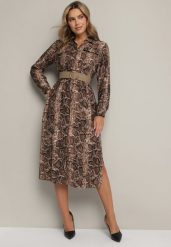 Brązowa Wiskozowa Sukienka w Wężowy Wzór o Koszulowym Kroju z Elastycznym Paskiem Rinnosia. Brązowe sukienki damskie Born2be, do pracy, l, bez wzorów, z jeansu, biznesowe, bez kołnierzyka, bez ramiączek, dopasowane. Za 109.99 zł.
