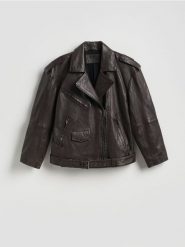 Skórzana kurtka typu biker - ciemnobrązowy. Brązowe kurtki damskie Reserved, l, bez wzorów, ze skóry, bez kaptura. Za 599.99 zł.