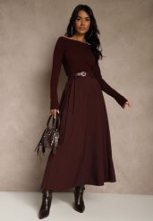 Bordowa Rozkloszowana Spódnica z Wiskozy z Dodatkowym Paskiem z Klamrą Lowedina. Czerwone spódniczki damskie Renee, l, bez wzorów, z wiskozy, maxi, oversize. Za 139.99 zł.