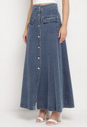 Granatowa Trapezowa Spódnica Maxi Bawełniana Jeansowa z Guzikami i Kieszeniami z Klapami Zrissa. Niebieskie spódniczki damskie Born2be, m, bez wzorów, z bawełny, eleganckie, maxi, koszulowe. Za 169.99 zł.