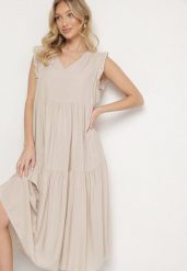Jasnobeżowa Bawełniana Sukienka Ozdobiona Falbankami Aveliova. Brązowe sukienki damskie Born2be, na co dzień, l, bez wzorów, z bawełny, eleganckie, bez kołnierzyka, bez ramiączek, midi, proste. W wyprzedaży za 47.99 zł.