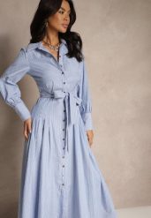 Niebiesko-Biała Sukienka Koszulowa z Bawełną Ozdobiona Paskiem Revessine. Niebieskie sukienki damskie Renee, na co dzień, m, bez wzorów, z bawełny, eleganckie, bez kołnierzyka, bez ramiączek, maxi, koszulowe. W wyprzedaży za 111.99 zł.