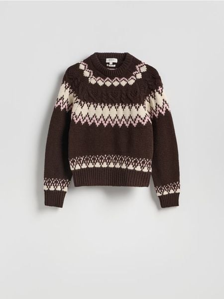 Wzorzysty sweter - wielobarwny. Swetry klasyczne damskie Reserved, l, z wełny, bez kołnierzyka. W wyprzedaży za 189.99 zł.