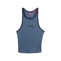 Tank top w paski z plecami w stylu sportowym i logo dla kobiet Superdry Essentia. Niebieskie topy damskie Superdry., bez wzorów, bez kołnierzyka. Za 109.20 zł.