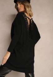 Czarny Sweter z Modalem i Wiskozą Ozdobiony Koronką Zinnorela. Czarne swetry klasyczne damskie Renee, z koronki, bez kołnierzyka. Za 99.99 zł.