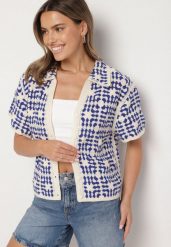 Niebieska Bawełniana Koszula z Geometrycznym Motywem Melicene. Niebieskie koszule damskie Born2be, l, bez wzorów, z bawełny, eleganckie, bez kołnierzyka, bez ramiączek. Za 129.99 zł.