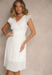 Biała Haftowana Rozkloszowana Sukienka z Bawełny Neliasta. Białe sukienki damskie Renee, na spacer, na wiosnę, l, bez wzorów, z bawełny, eleganckie, bez kołnierzyka, bez ramiączek, midi, rozkloszowane. W wyprzedaży za 69.99 zł.