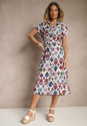 Niebieska Sukienka z Wiskozą o Koszulowym Kroju z Paskiem z Klamrą w Etno Print Jenavianea. Niebieskie sukienki damskie Renee, na co dzień, l, bez wzorów, z wiskozy, eleganckie, bez kołnierzyka, bez ramiączek, midi, kopertowe. W wyprzedaży za 87.99 zł.