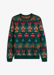 Sweter z bożonarodzeniowym motywem, z akrylu z recyklingu. Zielone swetry męskie bonprix, m, bez wzorów, bez kołnierzyka. Za 129.99 zł.