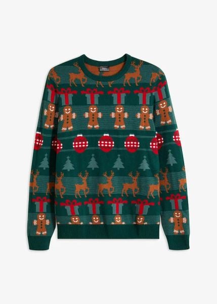 Sweter z bożonarodzeniowym motywem, z akrylu z recyklingu. Zielone swetry męskie bonprix, m, bez wzorów, bez kołnierzyka. Za 129.99 zł.