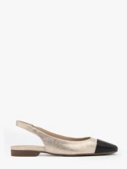 Platynowe baleriny typu slingback z czarnym noskiem. Szare baleriny damskie Ryłko, bez wzorów, z gumy, bez obcasa, na płaskiej podeszwie. W wyprzedaży za 239.99 zł.