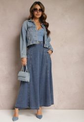 Granatowa Bawełniana Spódnica Maxi Rozkloszowana z Jeansu z Ozdobnym Łańcuszkiem Viralle. Niebieskie spódniczki damskie Renee, na lato, s, bez wzorów, z bawełny, boho, maxi, rozkloszowane. Za 159.99 zł.