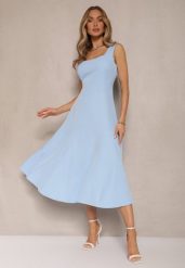Niebieska Rozkloszowana Sukienka w Klasycznym Stylu Deslene. Niebieskie sukienki damskie Renee, na co dzień, l, bez wzorów, eleganckie, bez kołnierzyka, bez ramiączek, midi, proste. W wyprzedaży za 103.99 zł.