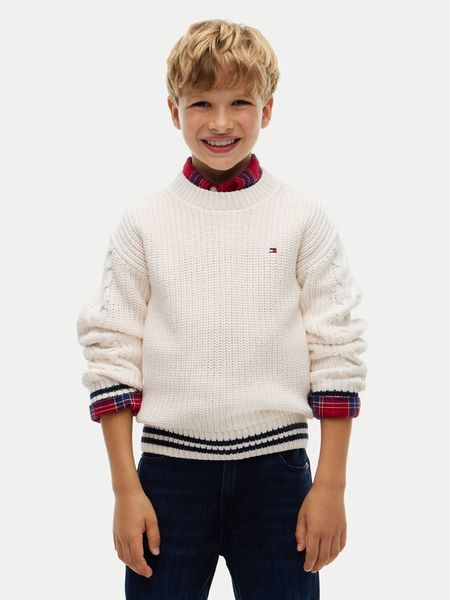 Tommy Hilfiger Sweter KB0KB10629 Kremowy Regular Fit. Białe swetry chłopięce Tommy Hilfiger, bez wzorów, bez kołnierzyka. Za 329.99 zł.
