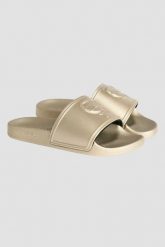 KARL LAGERFELD Złote klapki damskie KONDO 2.0 Karl NFT Relief. Żółte klapki damskie Karl Lagerfeld, bez wzorów, bez obcasa. W wyprzedaży za 329.99 zł.
