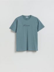 T-shirt regular z nadrukiem - zielony. Zielone t-shirty męskie Reserved, l, bez wzorów, z bawełny, bez kołnierzyka. Za 59.99 zł.