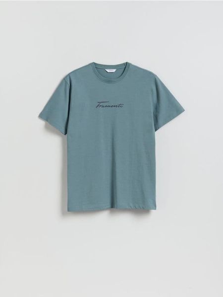 T-shirt regular z nadrukiem - zielony. Zielone t-shirty męskie Reserved, l, bez wzorów, z bawełny, bez kołnierzyka. Za 59.99 zł.