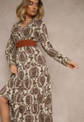 Brązowa Sukienka z Kopertowym Dekoltem z Wiskozy i Motywem Boho Ozdobiona Paskiem Rinnaria. Brązowe sukienki damskie Renee, l, bez wzorów, z materiału, boho, bez kołnierzyka, bez ramiączek, midi, kopertowe. W wyprzedaży za 90.99 zł.